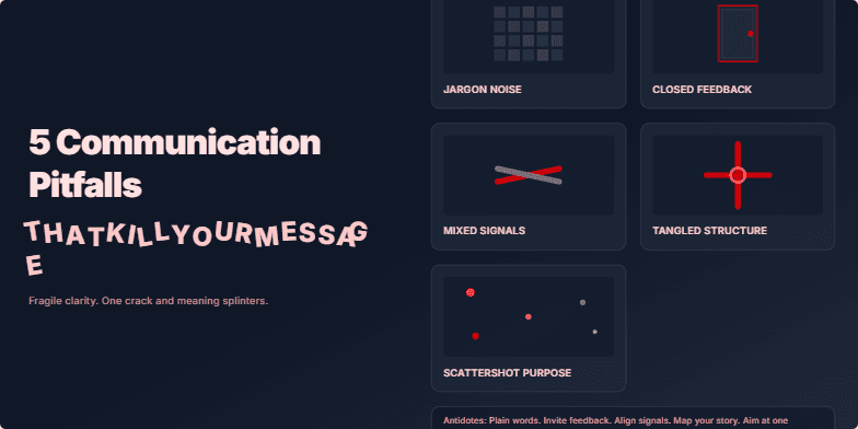 A dark-themed slide with a shattered glass effect title '5 Communication Pitfalls That Kill Your Message.' Five tiles visualize common communication problems with icons like a knotted rope for 'Tangled Structure' and static for 'Jargon Noise.'