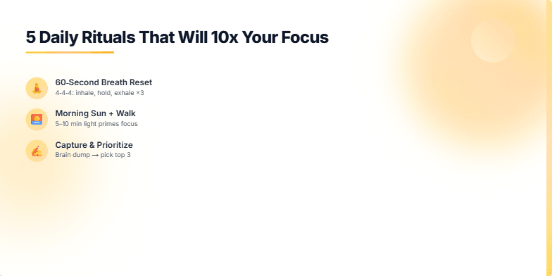 A slide showcasing five daily rituals for improved focus against a calming sunrise gradient background. Each ritual, represented by a hand-drawn icon, fades in gently, creating a visually appealing and engaging experience. Fragment #4