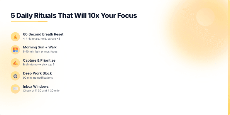 A slide showcasing five daily rituals for improved focus against a calming sunrise gradient background. Each ritual, represented by a hand-drawn icon, fades in gently, creating a visually appealing and engaging experience.