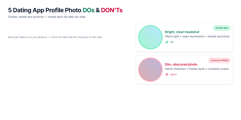 A slide presenting 5 Do's and Don'ts for dating app profile pictures.  It features a clean design with pastel accents, dynamic transitions between examples, and stylish profile picture mockups. Fragment #1