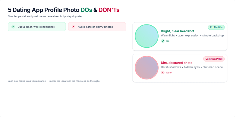A slide presenting 5 Do's and Don'ts for dating app profile pictures.  It features a clean design with pastel accents, dynamic transitions between examples, and stylish profile picture mockups. Fragment #2