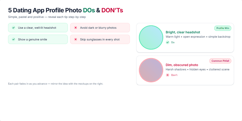 A slide presenting 5 Do's and Don'ts for dating app profile pictures.  It features a clean design with pastel accents, dynamic transitions between examples, and stylish profile picture mockups. Fragment #3