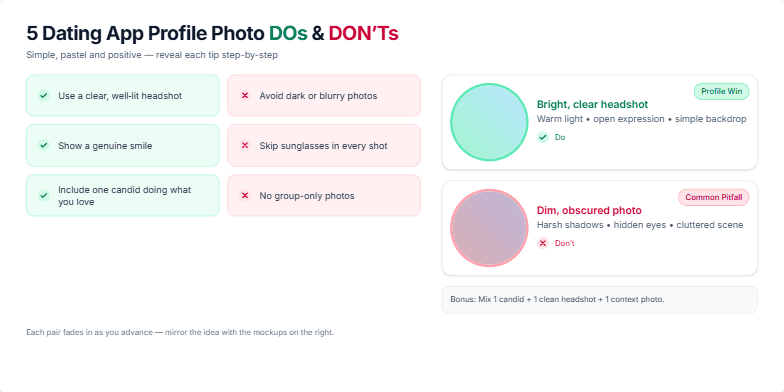 A slide presenting 5 Do's and Don'ts for dating app profile pictures.  It features a clean design with pastel accents, dynamic transitions between examples, and stylish profile picture mockups. Fragment #4