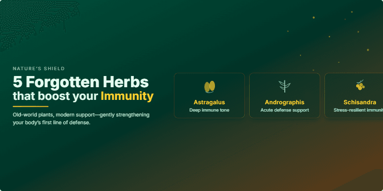 A presentation slide showcasing five forgotten herbs that boost immunity. Hand-drawn illustrations of astragalus, andrographis, schisandra, amla, and elecampane sway gently against a backdrop of deep greens and earthy browns. Sparkling particles and warm gold typography highlight the herbs' benefits and create a calming, natural aesthetic. Fragment #2