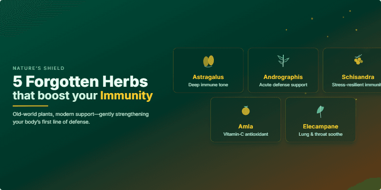 A presentation slide showcasing five forgotten herbs that boost immunity. Hand-drawn illustrations of astragalus, andrographis, schisandra, amla, and elecampane sway gently against a backdrop of deep greens and earthy browns. Sparkling particles and warm gold typography highlight the herbs' benefits and create a calming, natural aesthetic. Fragment #3