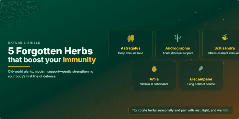 A presentation slide showcasing five forgotten herbs that boost immunity. Hand-drawn illustrations of astragalus, andrographis, schisandra, amla, and elecampane sway gently against a backdrop of deep greens and earthy browns. Sparkling particles and warm gold typography highlight the herbs' benefits and create a calming, natural aesthetic.