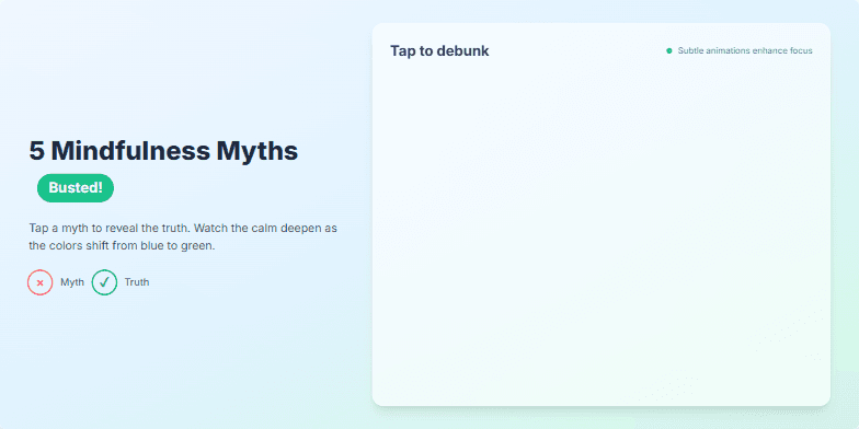 A slide debunking 5 common mindfulness myths. It features a serene gradient background transitioning from blues to greens, bold typography highlighting the myths and truths, and interactive elements with subtle animations and a ripple effect on click. Fragment #2