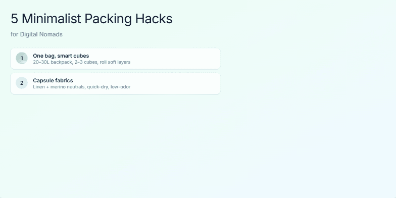 A slide displaying five minimalist packing hacks for digital nomads, featuring pastel-colored packing cubes and tech accessories on a calming gradient background. Fragment #1