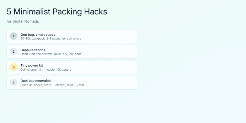 A slide displaying five minimalist packing hacks for digital nomads, featuring pastel-colored packing cubes and tech accessories on a calming gradient background. Fragment #2