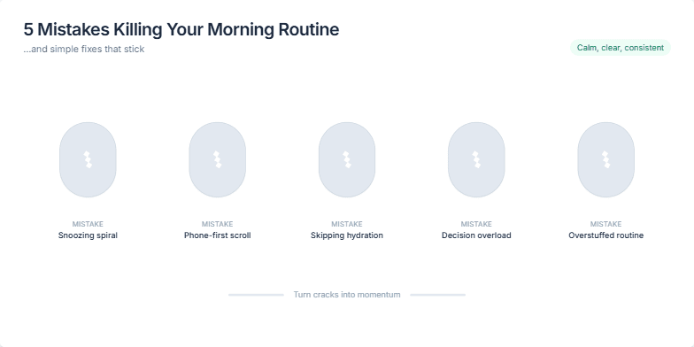 A slide with a minimalist design showcasing five cracked eggs transitioning into whole, golden eggs, representing the transformation of negative morning habits into positive solutions. Fragment #1