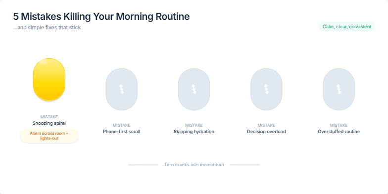 A slide with a minimalist design showcasing five cracked eggs transitioning into whole, golden eggs, representing the transformation of negative morning habits into positive solutions. Fragment #2