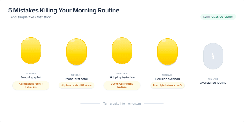 A slide with a minimalist design showcasing five cracked eggs transitioning into whole, golden eggs, representing the transformation of negative morning habits into positive solutions. Fragment #5