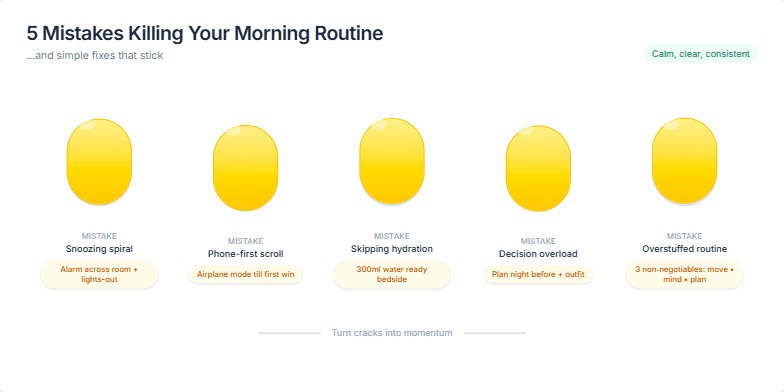 A slide with a minimalist design showcasing five cracked eggs transitioning into whole, golden eggs, representing the transformation of negative morning habits into positive solutions.