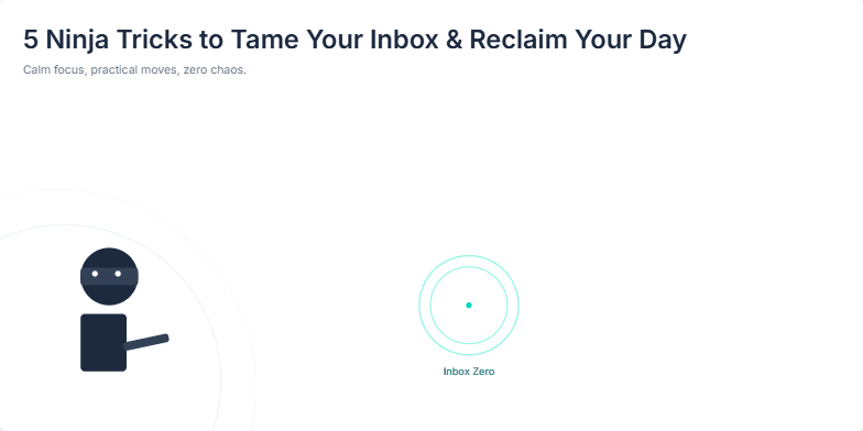 A stylized ninja throws shuriken that transform into emails, hitting an 'Inbox Zero' target against a serene zen garden backdrop.  Five tips for email management are listed alongside. Fragment #2