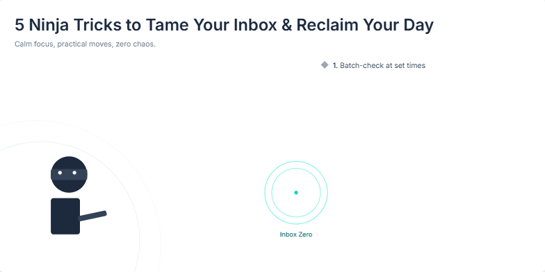 A stylized ninja throws shuriken that transform into emails, hitting an 'Inbox Zero' target against a serene zen garden backdrop.  Five tips for email management are listed alongside. Fragment #3
