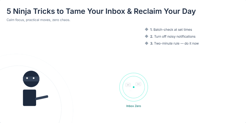 A stylized ninja throws shuriken that transform into emails, hitting an 'Inbox Zero' target against a serene zen garden backdrop.  Five tips for email management are listed alongside. Fragment #5
