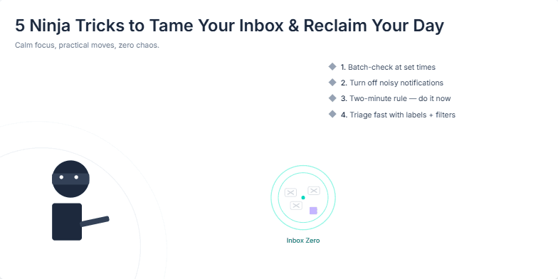 A stylized ninja throws shuriken that transform into emails, hitting an 'Inbox Zero' target against a serene zen garden backdrop.  Five tips for email management are listed alongside. Fragment #6