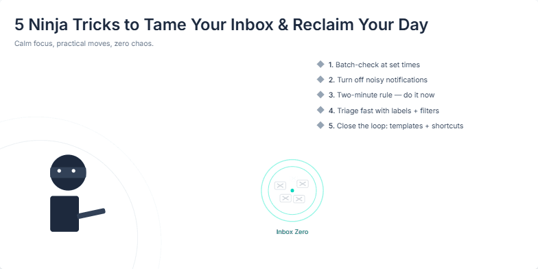 A stylized ninja throws shuriken that transform into emails, hitting an 'Inbox Zero' target against a serene zen garden backdrop.  Five tips for email management are listed alongside.