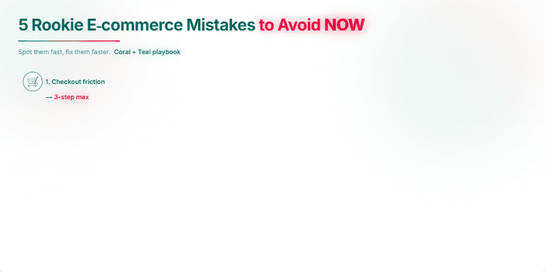 A slide titled '5 Rookie E-commerce Mistakes to Avoid NOW' with five common mistakes represented by icons: checkout friction, slow pages, no trust signals, weak product photos, and mobile neglect.  Key takeaways for each mistake are highlighted with a neon glow effect. Fragment #2