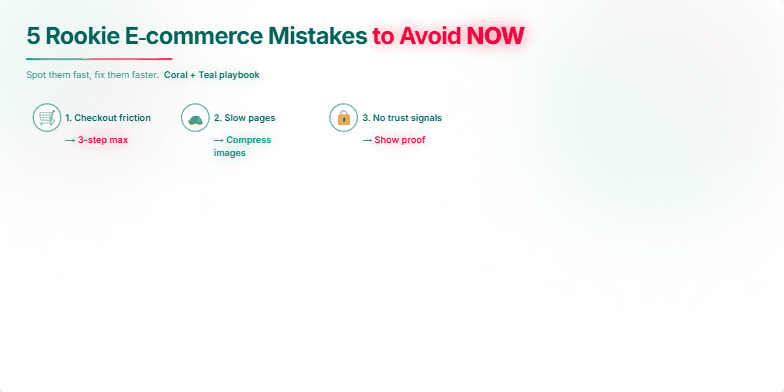 A slide titled '5 Rookie E-commerce Mistakes to Avoid NOW' with five common mistakes represented by icons: checkout friction, slow pages, no trust signals, weak product photos, and mobile neglect.  Key takeaways for each mistake are highlighted with a neon glow effect. Fragment #4