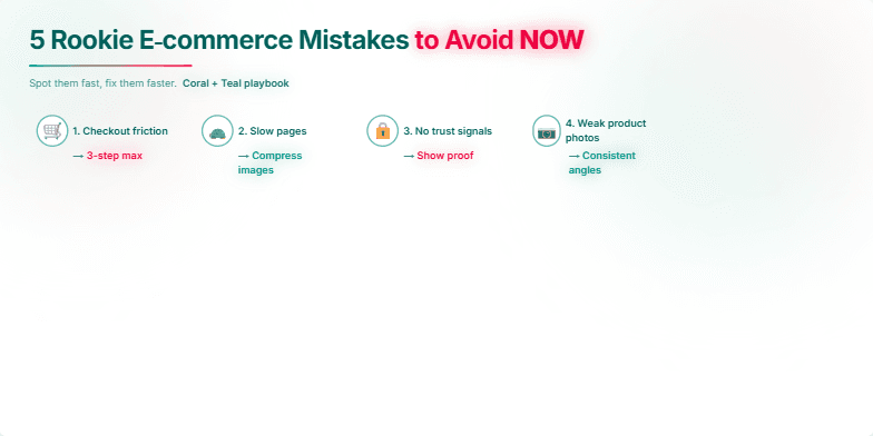 A slide titled '5 Rookie E-commerce Mistakes to Avoid NOW' with five common mistakes represented by icons: checkout friction, slow pages, no trust signals, weak product photos, and mobile neglect.  Key takeaways for each mistake are highlighted with a neon glow effect. Fragment #5