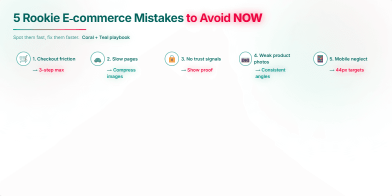 A slide titled '5 Rookie E-commerce Mistakes to Avoid NOW' with five common mistakes represented by icons: checkout friction, slow pages, no trust signals, weak product photos, and mobile neglect.  Key takeaways for each mistake are highlighted with a neon glow effect. Fragment #6