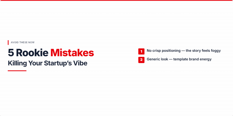 A slide titled '5 Rookie Mistakes Killing Your Startup's Vibe' with a list of five common startup errors, highlighted in red against a grayscale background of failed product launches. Glitch effects and bold typography emphasize the importance of avoiding these pitfalls. Fragment #3