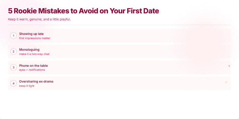 A slide titled '5 Rookie Mistakes to Avoid on Your First Date' with a soft pink and white color scheme.  Five numbered points list common dating mistakes, each accompanied by a short hint. Animated hearts float across the screen. Fragment #5