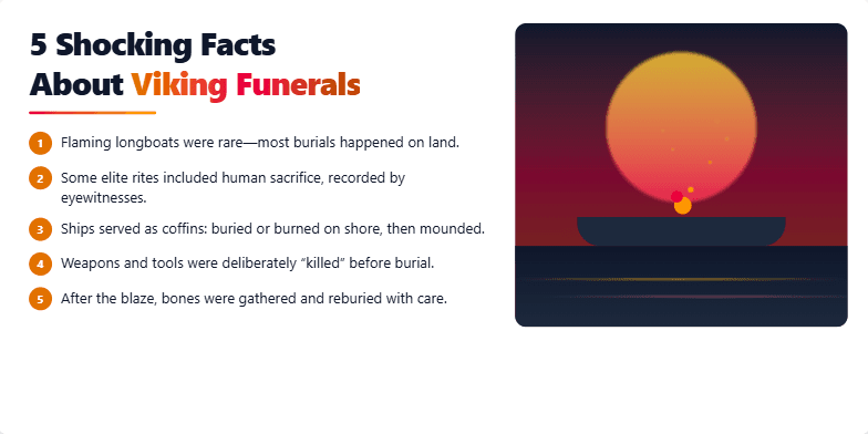 A stylized depiction of a Viking longship burning against a fiery sunset backdrop. Numbered points list five shocking facts about Viking funerals.