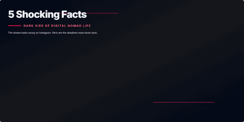 A dark, gritty slide with the title '5 Shocking Facts: Dark Side of Digital Nomad Life'.  Animated boxes reveal facts about the challenges of being a digital nomad, such as visa issues, healthcare gaps, and financial instability. Close-ups on a weathered passport and cracked phone screen emphasize the hidden costs of this lifestyle. Fragment #1