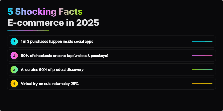 A slide with a dark background and neon accents displaying five shocking e-commerce facts for 2025. Each fact is animated and numbered, with supporting gradient lines and minimalist design. Fragment #5