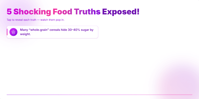 A slide with a vibrant pink and purple background displays five shocking food truths. Each fact is accompanied by a relevant icon and revealed with a pop animation. The title '5 Shocking Food Truths Exposed!' is prominently displayed with a gradient effect. Fragment #2