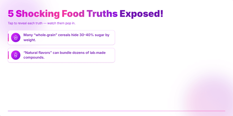 A slide with a vibrant pink and purple background displays five shocking food truths. Each fact is accompanied by a relevant icon and revealed with a pop animation. The title '5 Shocking Food Truths Exposed!' is prominently displayed with a gradient effect. Fragment #3