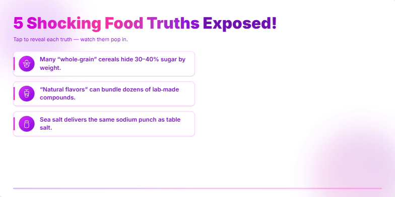 A slide with a vibrant pink and purple background displays five shocking food truths. Each fact is accompanied by a relevant icon and revealed with a pop animation. The title '5 Shocking Food Truths Exposed!' is prominently displayed with a gradient effect. Fragment #4