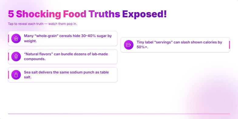 A slide with a vibrant pink and purple background displays five shocking food truths. Each fact is accompanied by a relevant icon and revealed with a pop animation. The title '5 Shocking Food Truths Exposed!' is prominently displayed with a gradient effect. Fragment #5