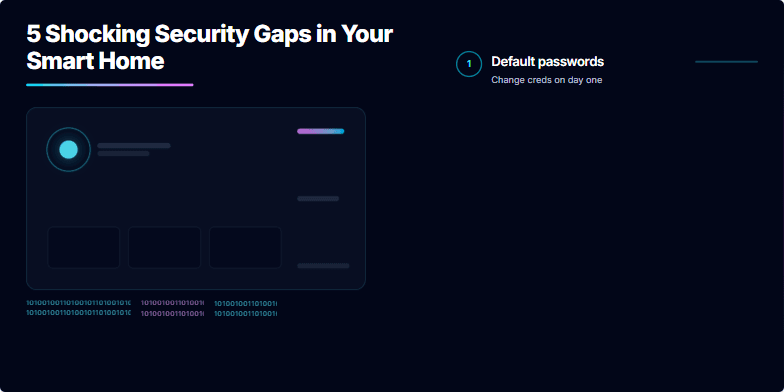 Dark slide with neon accents highlighting 5 shocking security gaps in smart homes. Bullet points emphasize vulnerabilities like default passwords and unpatched firmware. Binary code streams visually represent data breach risk. Fragment #2