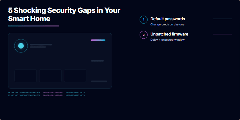 Dark slide with neon accents highlighting 5 shocking security gaps in smart homes. Bullet points emphasize vulnerabilities like default passwords and unpatched firmware. Binary code streams visually represent data breach risk. Fragment #3