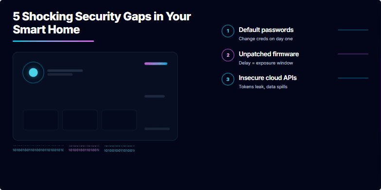 Dark slide with neon accents highlighting 5 shocking security gaps in smart homes. Bullet points emphasize vulnerabilities like default passwords and unpatched firmware. Binary code streams visually represent data breach risk. Fragment #4
