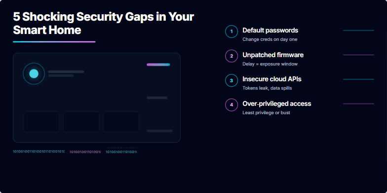 Dark slide with neon accents highlighting 5 shocking security gaps in smart homes. Bullet points emphasize vulnerabilities like default passwords and unpatched firmware. Binary code streams visually represent data breach risk. Fragment #5