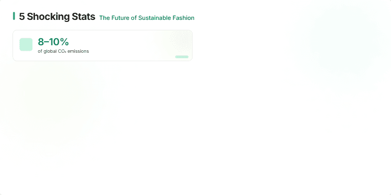 A slide showcasing five shocking statistics about the future of sustainable fashion.  Each statistic is presented on a card with gentle animations, earthy tones, and accents of green and gold. Watercolor illustrations and background gradients create a hopeful and inspiring mood. Fragment #2