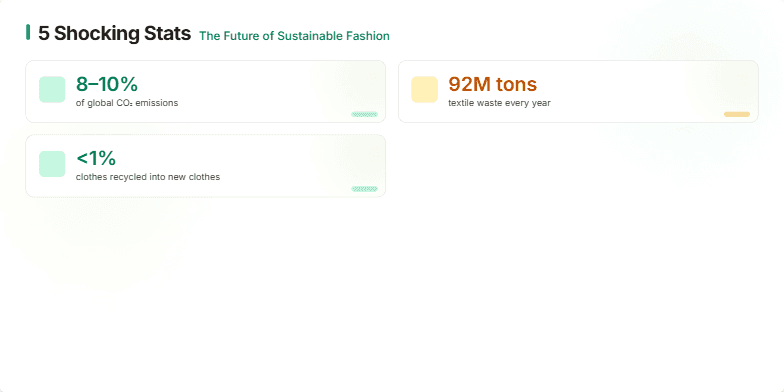 A slide showcasing five shocking statistics about the future of sustainable fashion.  Each statistic is presented on a card with gentle animations, earthy tones, and accents of green and gold. Watercolor illustrations and background gradients create a hopeful and inspiring mood. Fragment #4