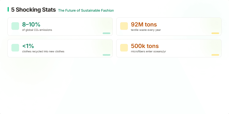 A slide showcasing five shocking statistics about the future of sustainable fashion.  Each statistic is presented on a card with gentle animations, earthy tones, and accents of green and gold. Watercolor illustrations and background gradients create a hopeful and inspiring mood. Fragment #5