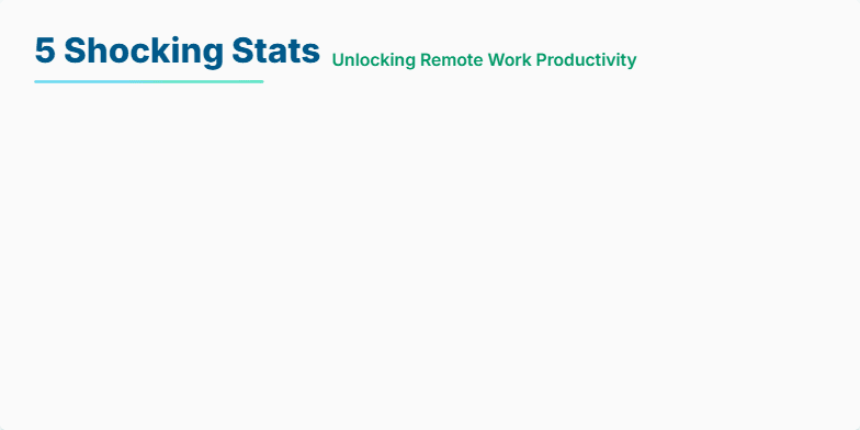 A slide displaying five key statistics on remote work productivity. Each statistic is presented within a circle with a subtle animation and an accompanying icon. The design uses calming blues and greens. Fragment #1