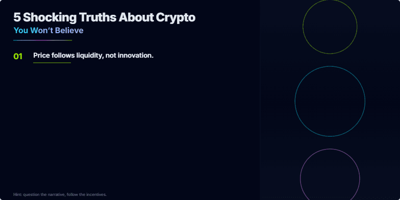 A dark slide with neon accents reveals 5 shocking truths about cryptocurrency.  Rotating coins and bold text emphasize key points about liquidity, custody, gas fees, rug pulls, and key security. Fragment #2