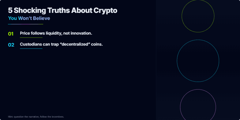 A dark slide with neon accents reveals 5 shocking truths about cryptocurrency.  Rotating coins and bold text emphasize key points about liquidity, custody, gas fees, rug pulls, and key security. Fragment #3