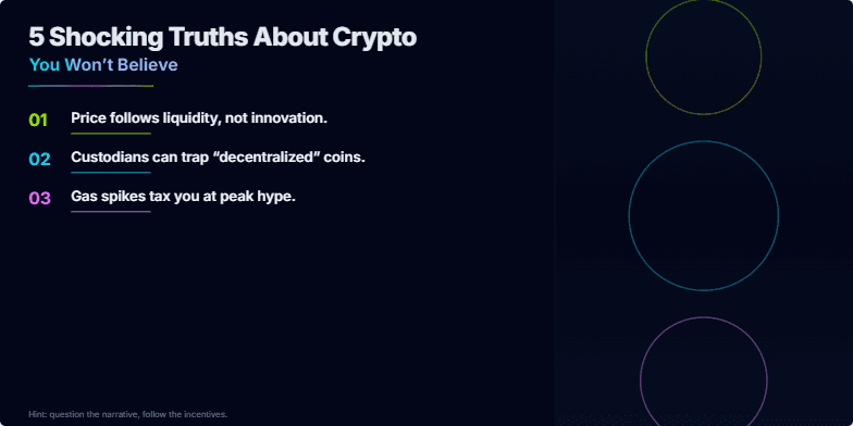 A dark slide with neon accents reveals 5 shocking truths about cryptocurrency.  Rotating coins and bold text emphasize key points about liquidity, custody, gas fees, rug pulls, and key security. Fragment #4