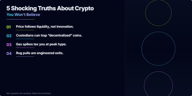A dark slide with neon accents reveals 5 shocking truths about cryptocurrency.  Rotating coins and bold text emphasize key points about liquidity, custody, gas fees, rug pulls, and key security. Fragment #5