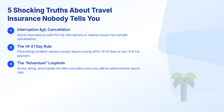 A slide with a calming blue and white background featuring five key truths about travel insurance.  A gently swaying palm tree is subtly animated, and the final segment shows a carefree traveler, symbolizing peace of mind. Fragment #4