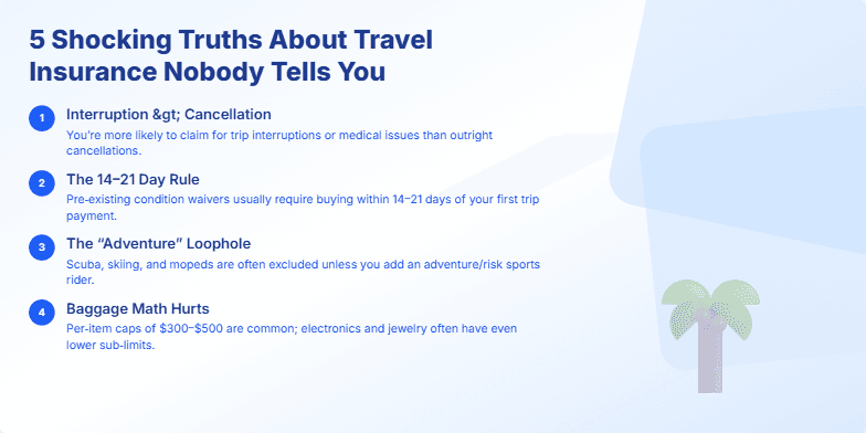 A slide with a calming blue and white background featuring five key truths about travel insurance.  A gently swaying palm tree is subtly animated, and the final segment shows a carefree traveler, symbolizing peace of mind. Fragment #5