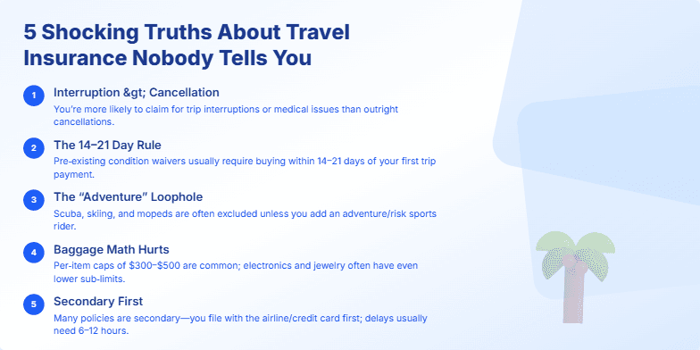 A slide with a calming blue and white background featuring five key truths about travel insurance.  A gently swaying palm tree is subtly animated, and the final segment shows a carefree traveler, symbolizing peace of mind. Fragment #6